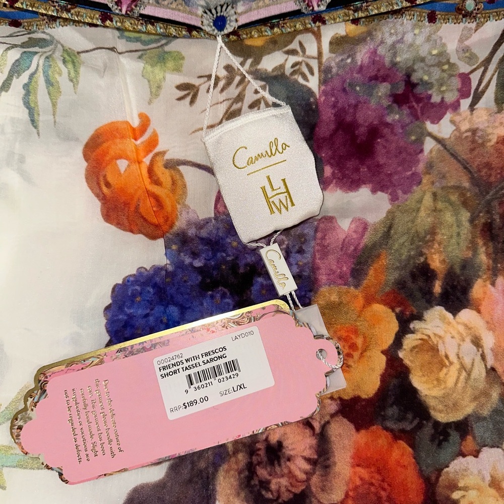Camilla “Friends With Frescos” ivory cotton silk floral short sarong coverup - Picture 6 of 8